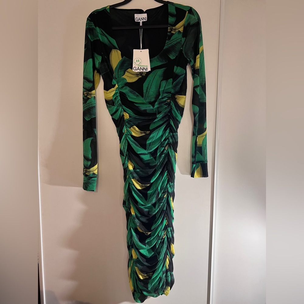 Ganni Green Long Sleeve V-Neck Bodycon Dress
